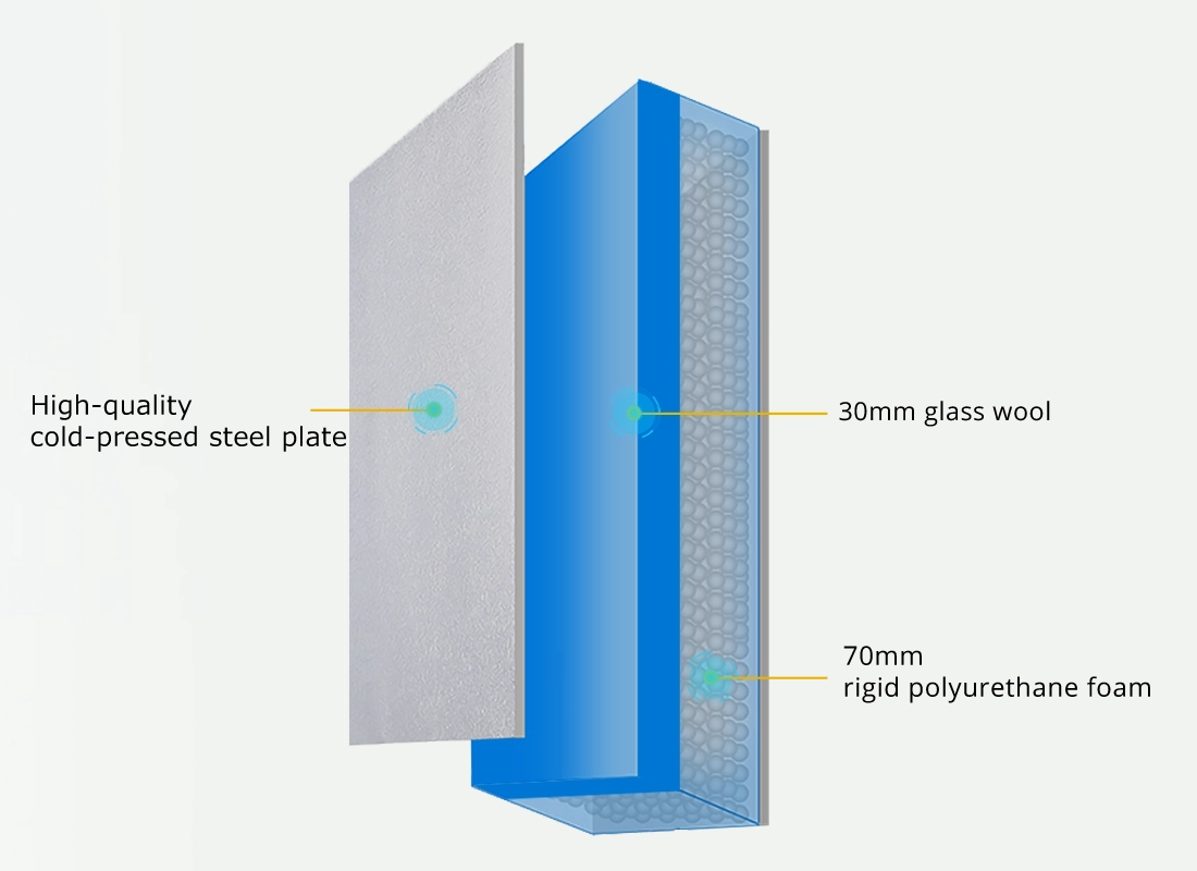 high quality cold pressed steel plate,30mm glass wool and 70mm rigid polyurethane foam