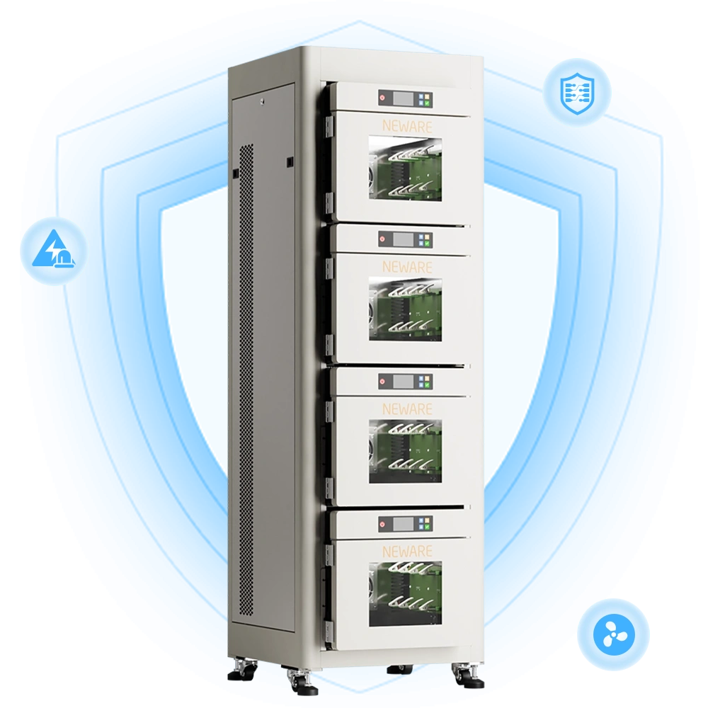 NEWARE-4 Temperature Zone All-in-One battery tester has safety protection features such as Power-Down Data Protection, Short Circuit protection, and Abnormal Monitoring of Circulating Fan Operation