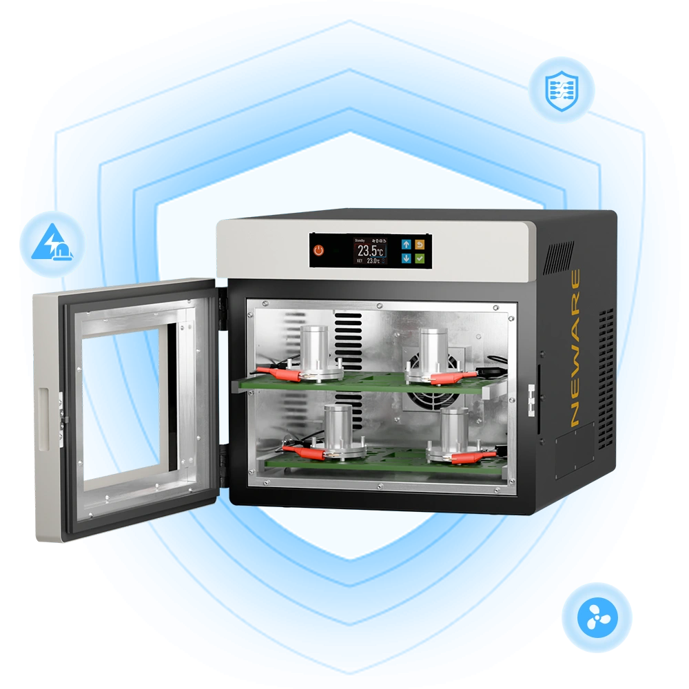 NEWARE-WHW-25L-S-16CH Battery Tester features power-down data protection, short circuit protection, and abnormal monitoring of the circulating fan operation
