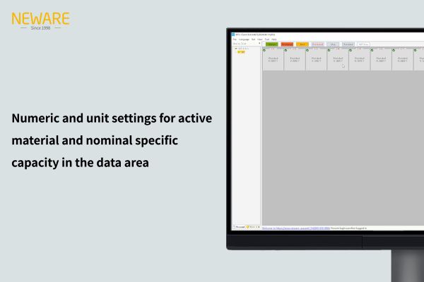 Numeric and unit settings for active material and nominal specific capacity in the data area