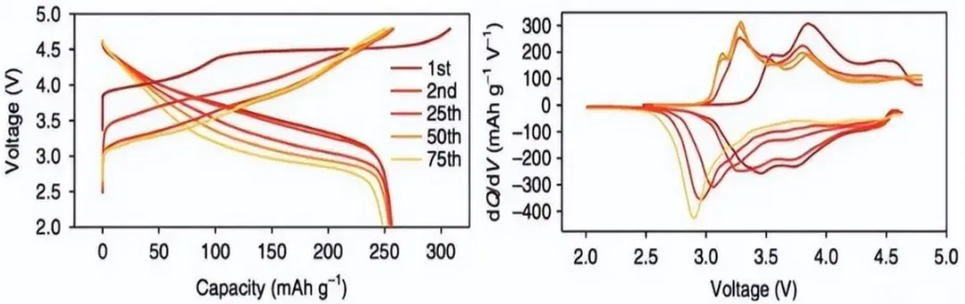 Charge discharge curves and dQdV curves of Li-rich NCM material at different cycle numbers