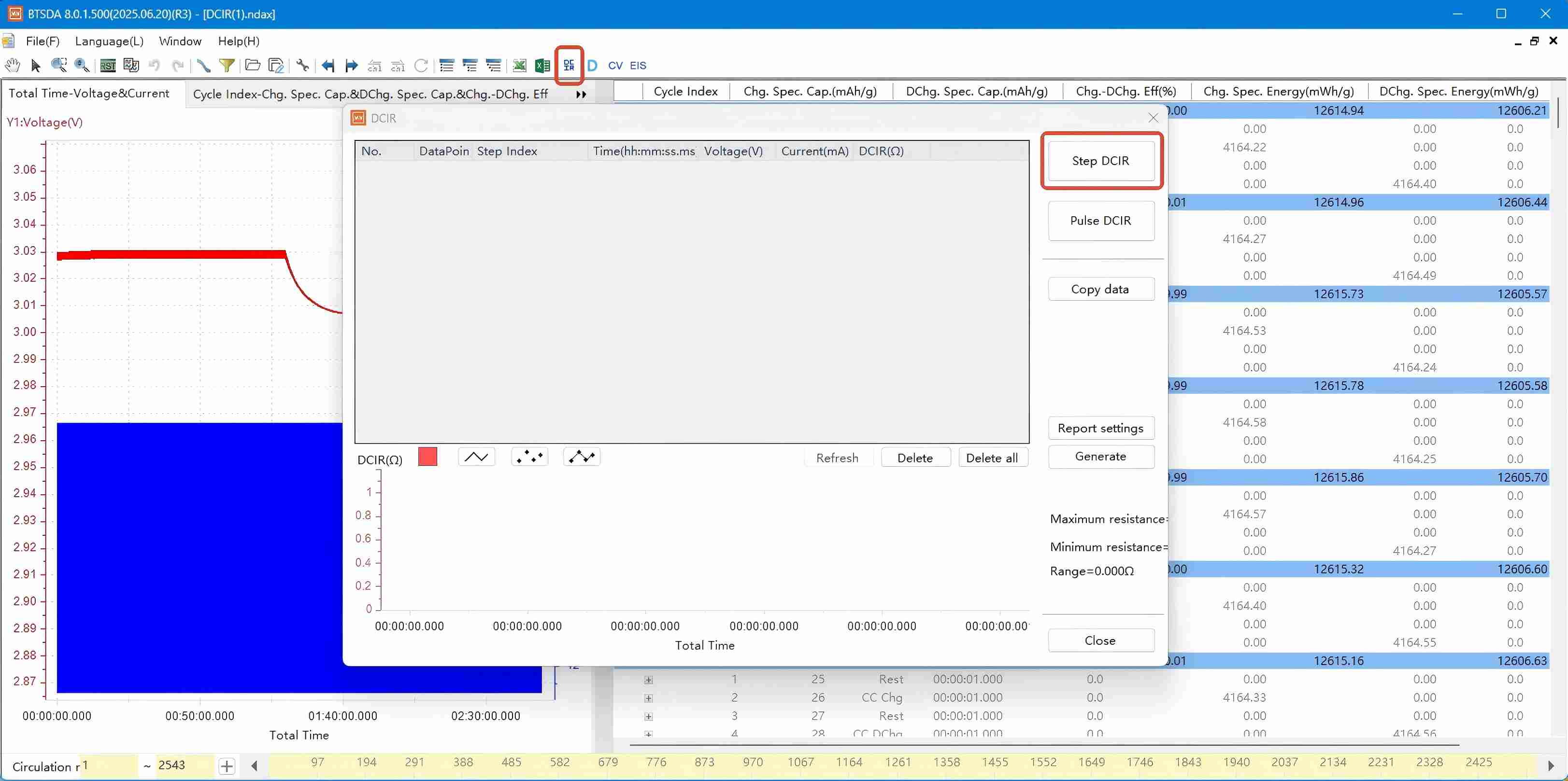 Activating the DCIR calculation function in Neware BTSDA software