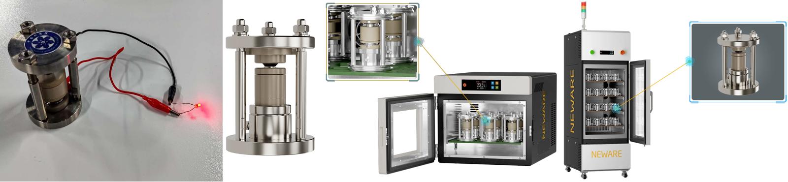 Hydride-ion solid-state battery illuminating a bulb, NEWARE solid-state battery mold, and environmental test chamber