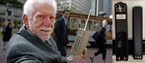 Left - People using early portable mobile phones; Right - DynaTAC 8000X battery pack