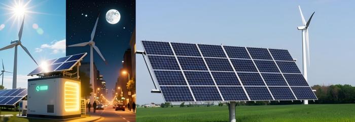 Left Conceptual Diagram of Trans temporal Dispatch for Solar and Wind Energy; Right Wind Turbines and Solar Panels
