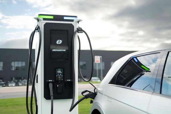 electric vehicle connected to a charging point (real photo)