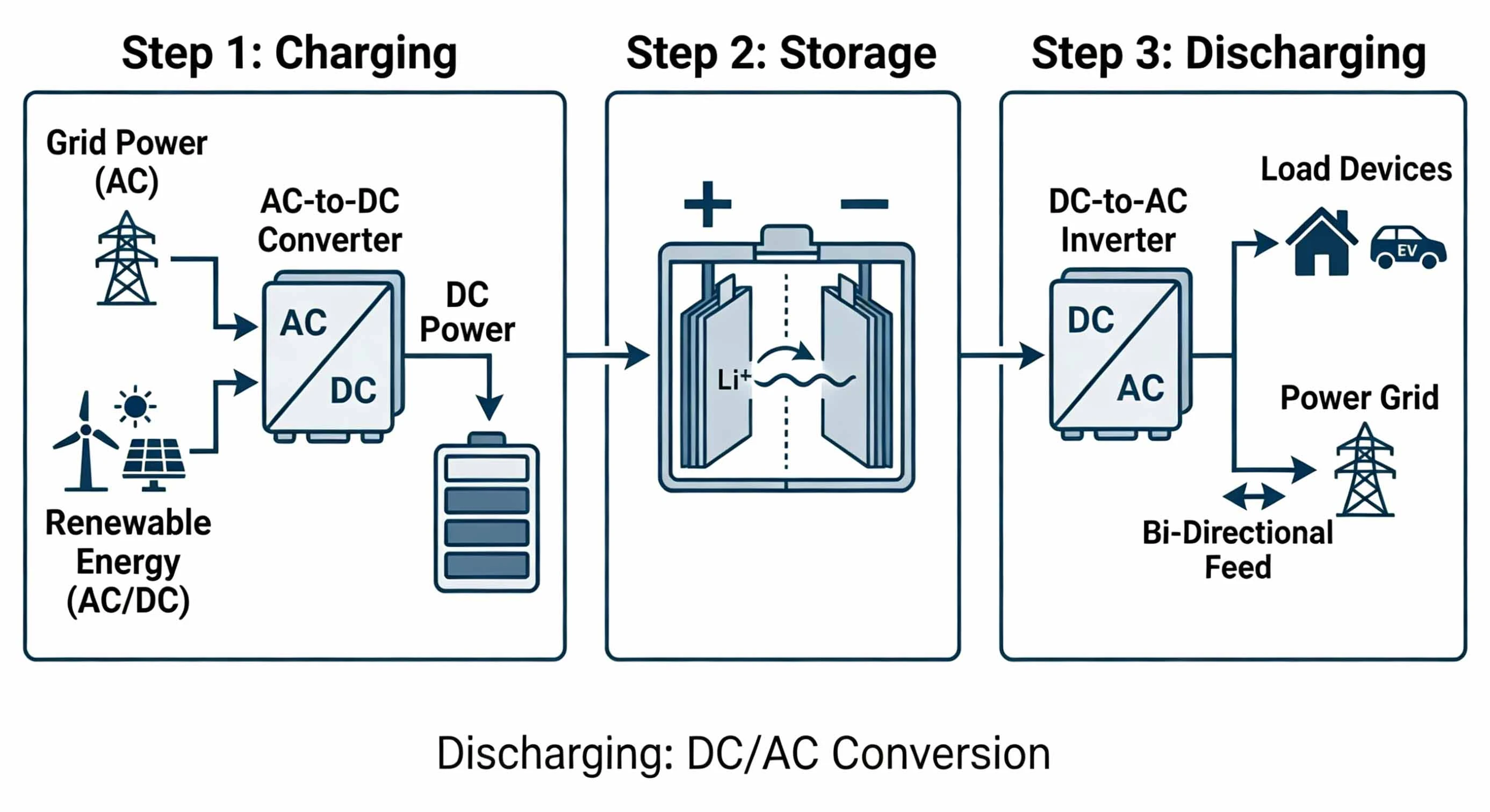 BESS charge discharge cycle diagram showing AC to DC conversion and energy flow