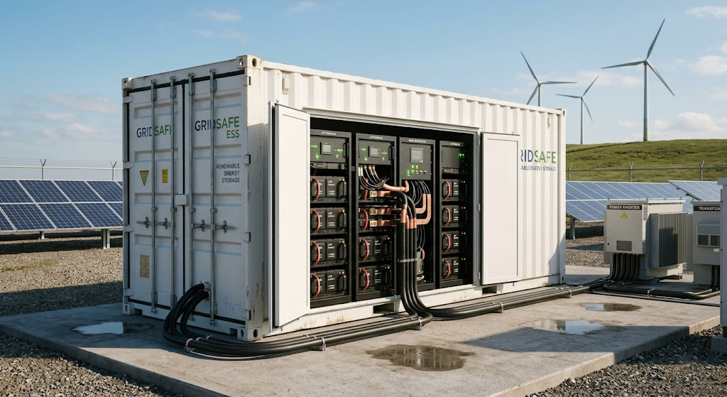 Containerized battery energy storage system BESS integrated with solar panels and wind turbines